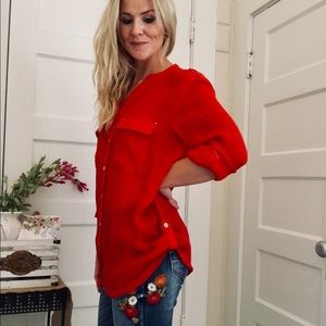 Red Button Down Sheer Top